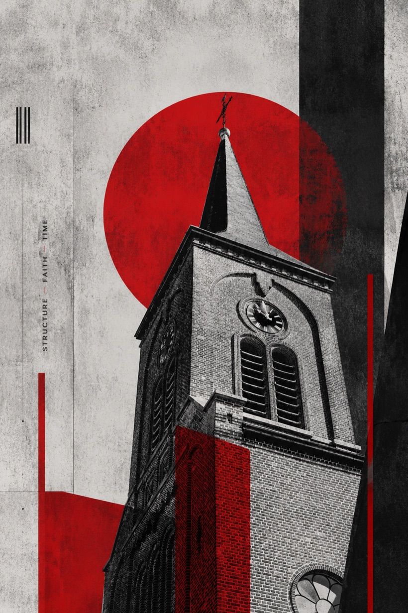 De toren van de kerk van Heldergem, grafisch bewerkt in de ISO 9450-huisstijl: rood cirkellicht, beton en geometrische vlakken.